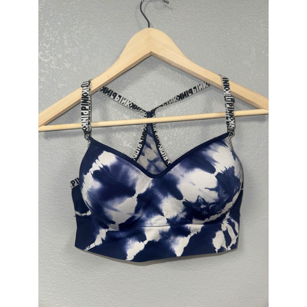 Victorias Secret PINK Wireless Sports Bra Blue Tie Dye Logo Straps Large
